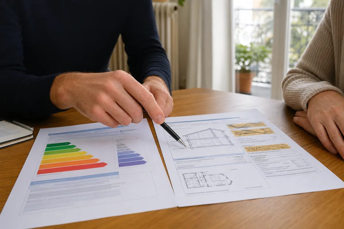 Audit énergétique ou DPE : lequel choisir pour votre logement ? Gros plan sur un rapport d'audit énergétique posé sur une table avec étiquettes de classes énergie visibles
