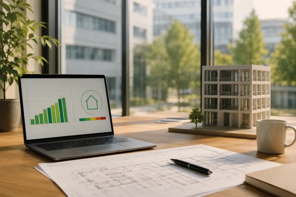 Vue d'ensemble d'un immeuble de bureaux moderne soumis aux obligations du décret tertiaire avec compteurs énergétiques visibles en façade