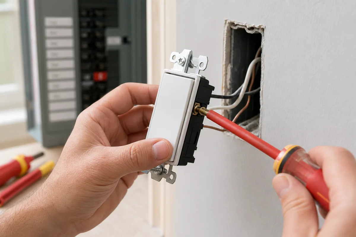 Installer un interrupteur à bascule soi-même, c'est plus simple qu'on croit Gros plan sur les fils dénudés connectés aux bornes d'un interrupteur à bascule blanc