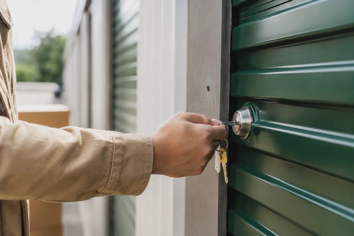 Trouver le bon garde-meuble en Haute-Garonne pour vos projets Gros plan sur un cadenas en acier sécurisant la porte métallique d'un box professionnel